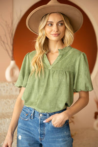 Bubble Sleeve High Neck Suede Top: $38