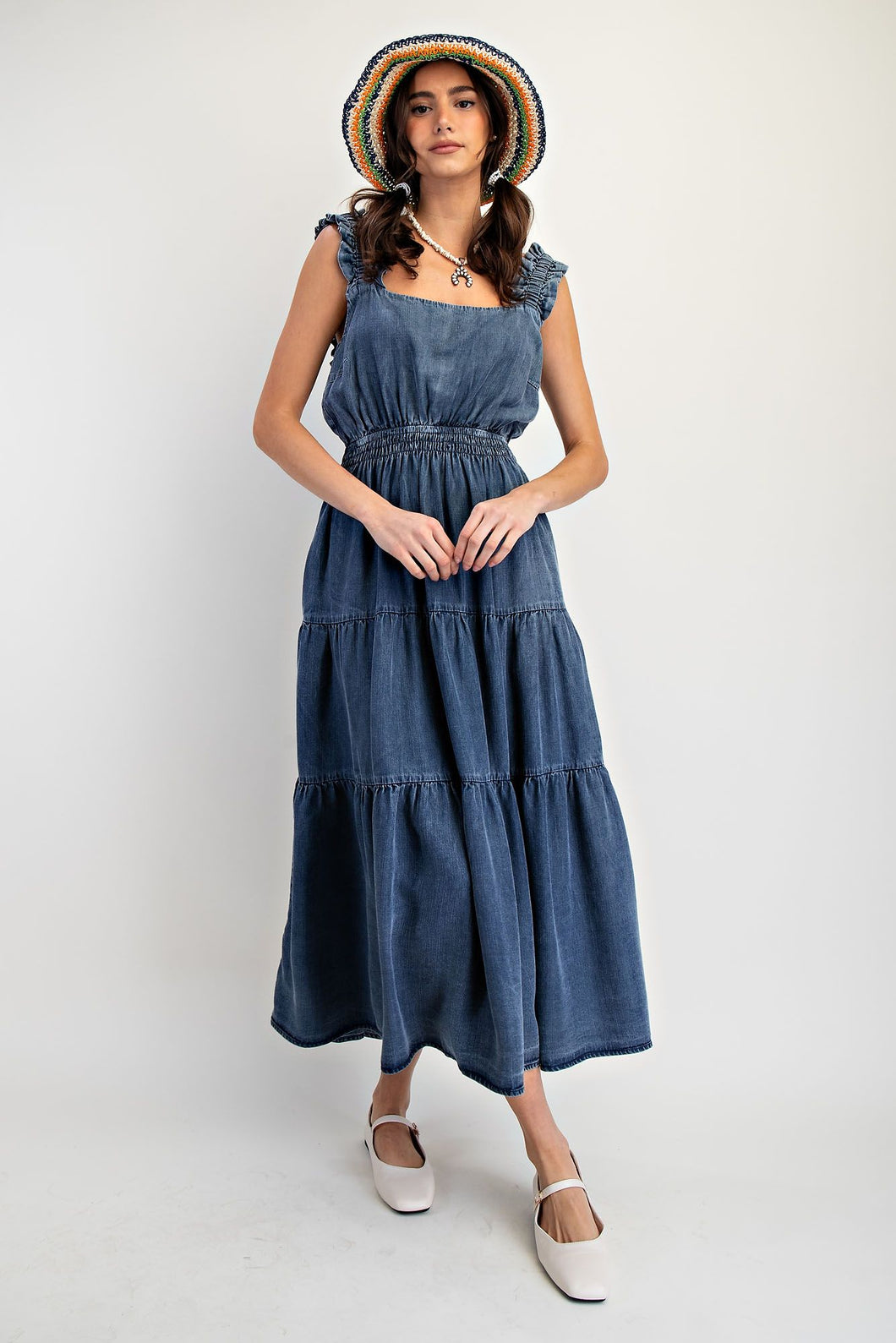 Ruffle Shoulder Denim Dress