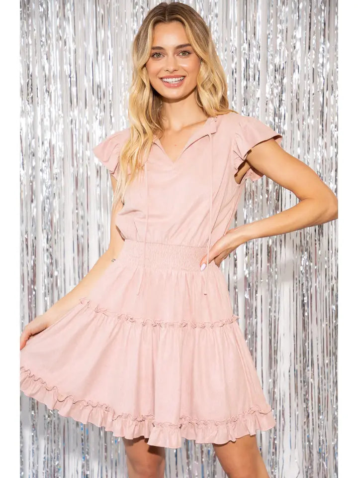 Lurex Smocked Ruffle Mini Dress -$54