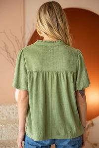 Bubble Sleeve High Neck Suede Top: $38