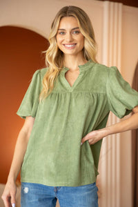 Bubble Sleeve High Neck Suede Top: $38